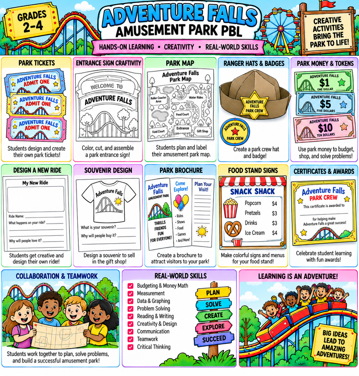 Adventure Falls Amusement Park project-based learning resource for grades 2-4