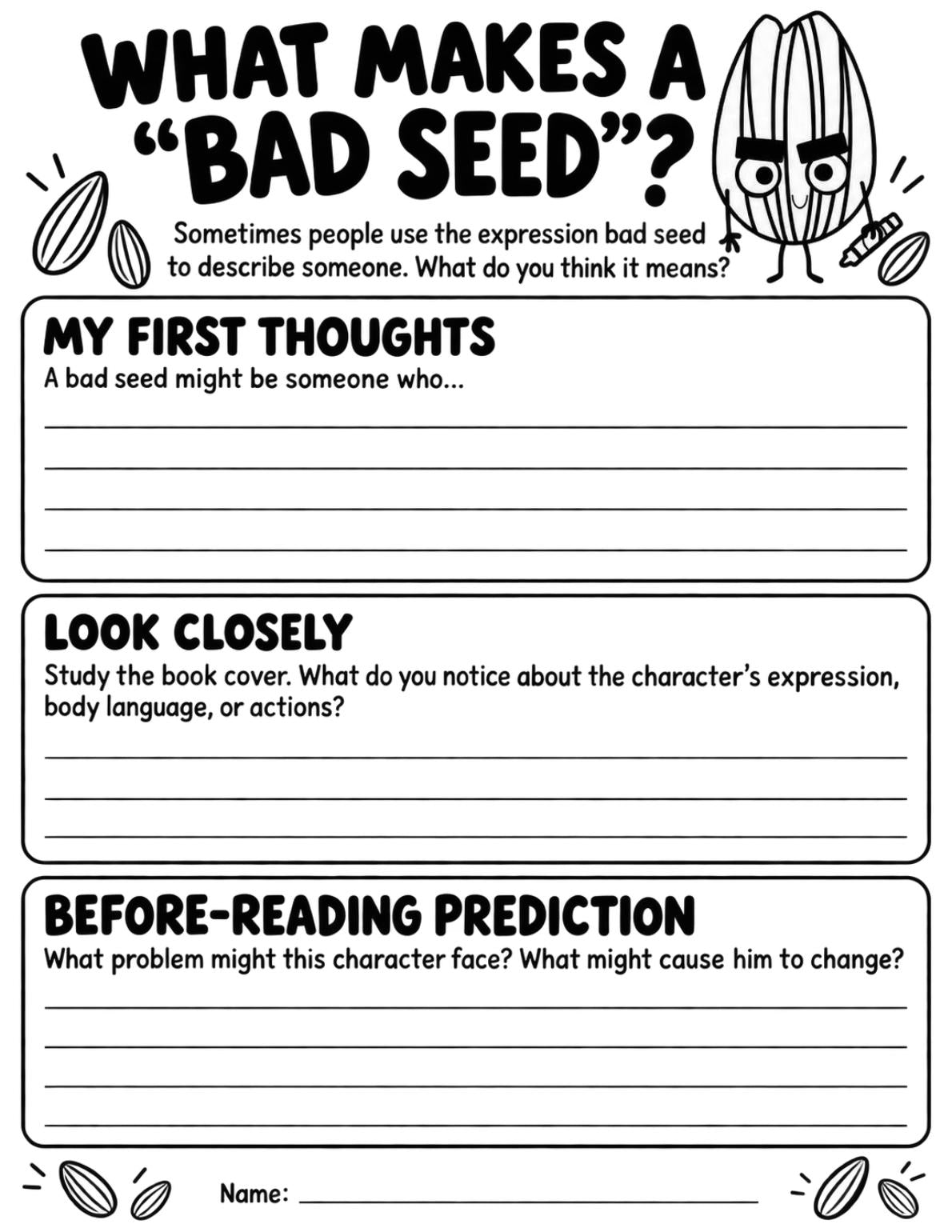 The Bad Seed reading and character analysis worksheet preview