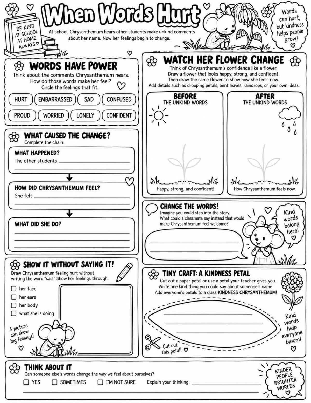 Chrysanthemum When Words Hurt reading and social emotional learning worksheet preview