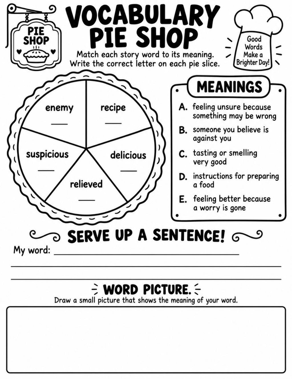 Enemy Pie vocabulary pie shop worksheet preview