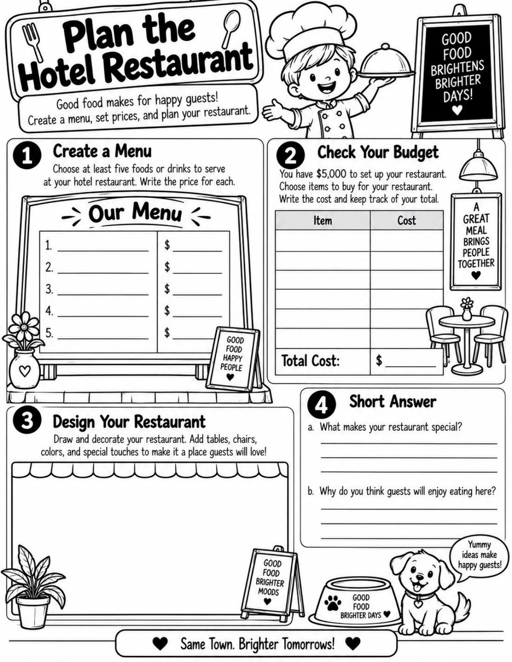 Kid's Hotel PBL hotel restaurant planning worksheet preview