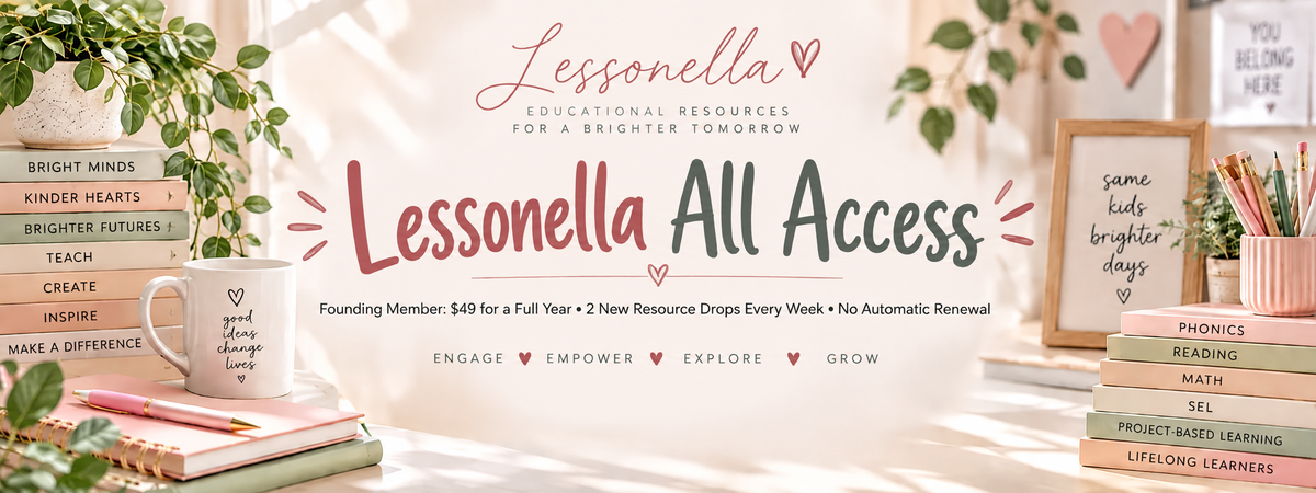 Lessonella All Access homepage hero in blush, sage and cream with no embedded button