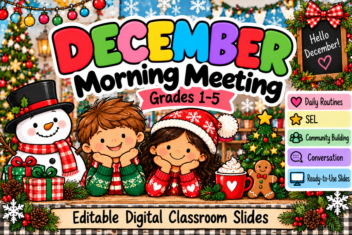 December Morning Meeting Grades 1-5 editable digital classroom slides