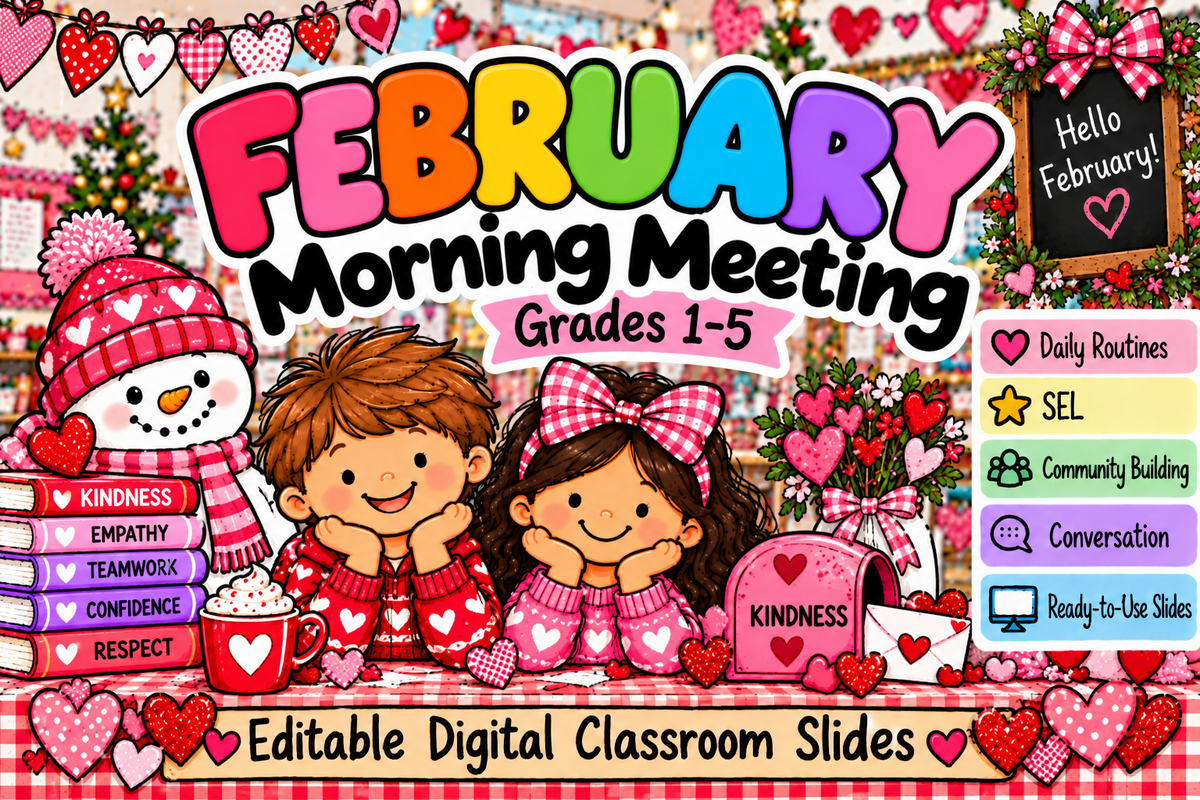 February Morning Meeting Grades 1-5 editable digital classroom slides