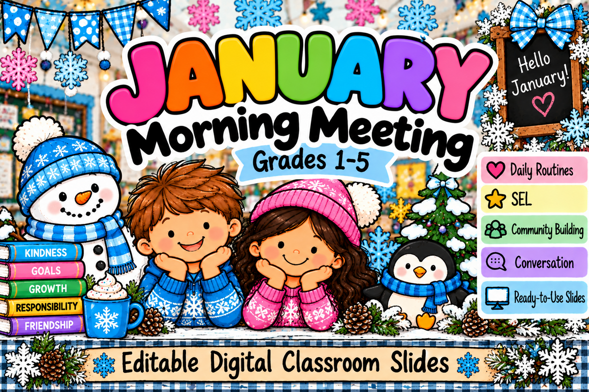 January Morning Meeting Grades 1-5 editable digital classroom slides
