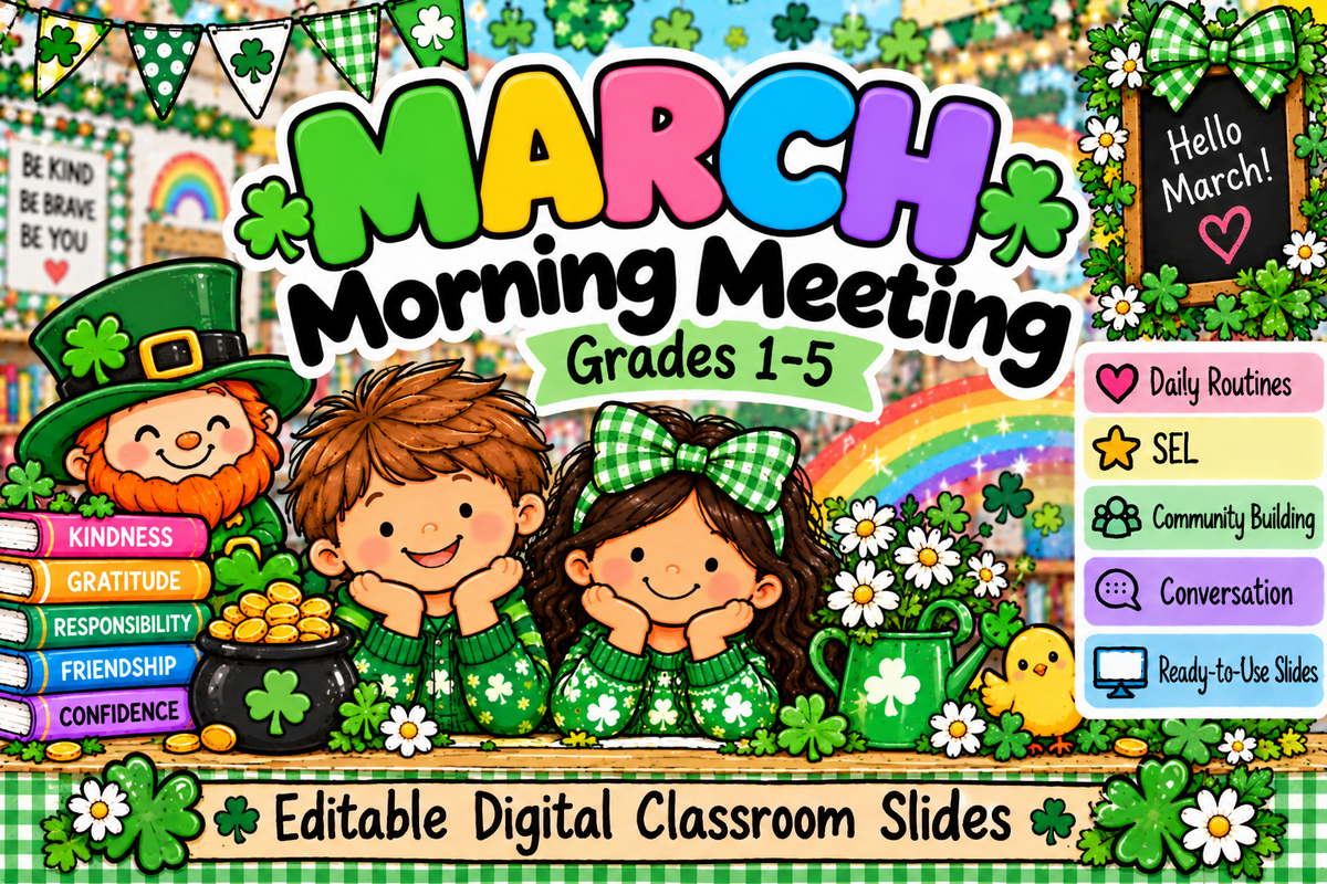 March Morning Meeting Grades 1-5 editable digital classroom slides