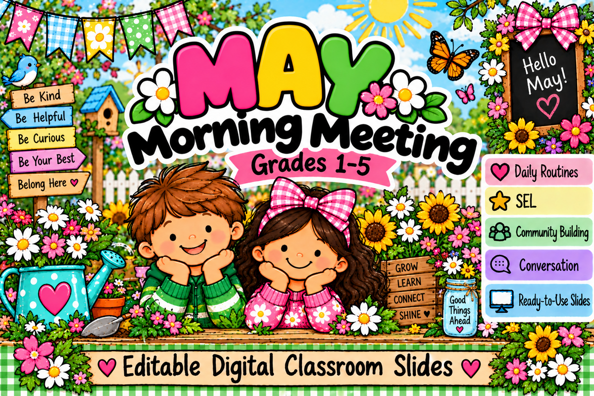 May Morning Meeting Grades 1-5 editable digital classroom slides