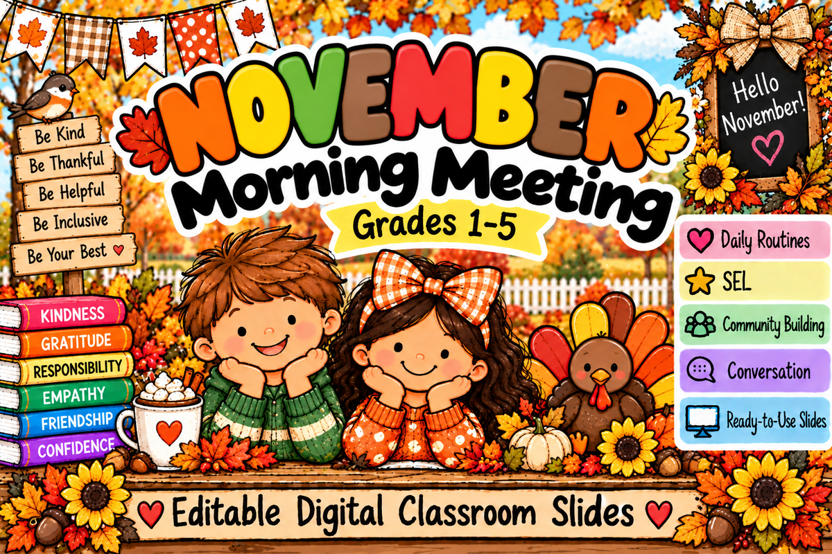 November Morning Meeting Grades 1-5 editable digital classroom slides