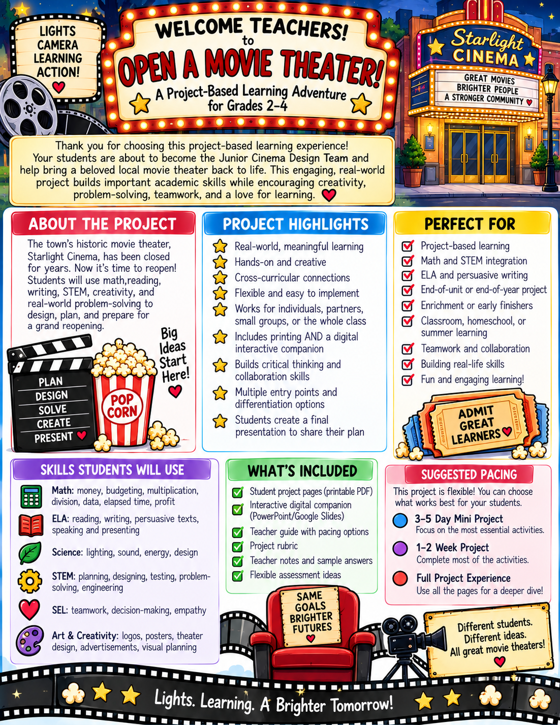 Open a Movie Theater mini PBL printable project cover for grades 3 to 5