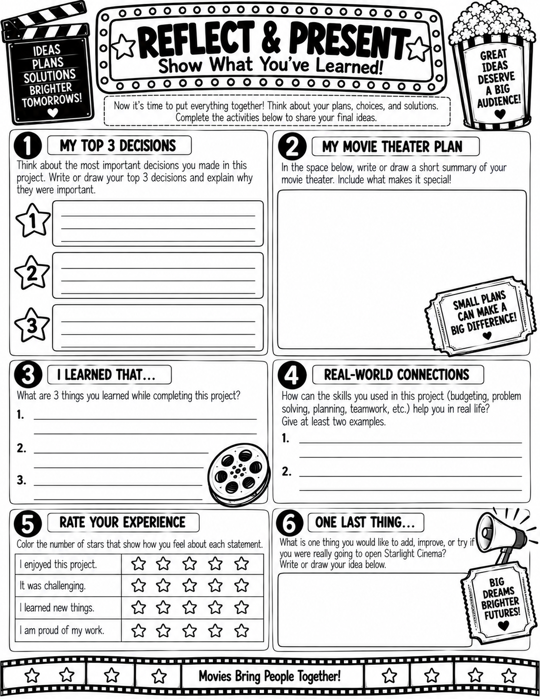 Movie Theater PBL reflection and presentation worksheet preview
