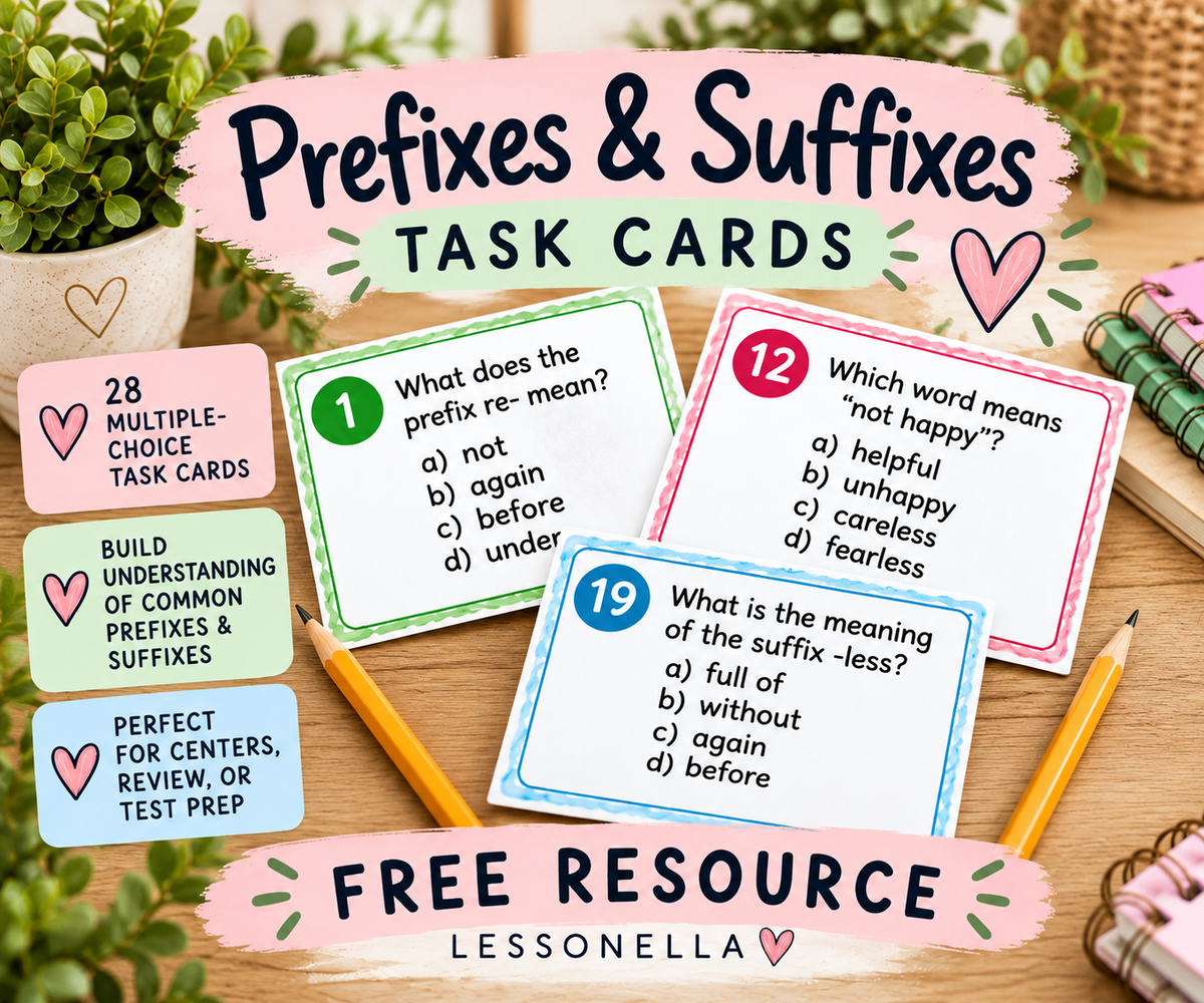 Prefixes and Suffixes free ELA task cards