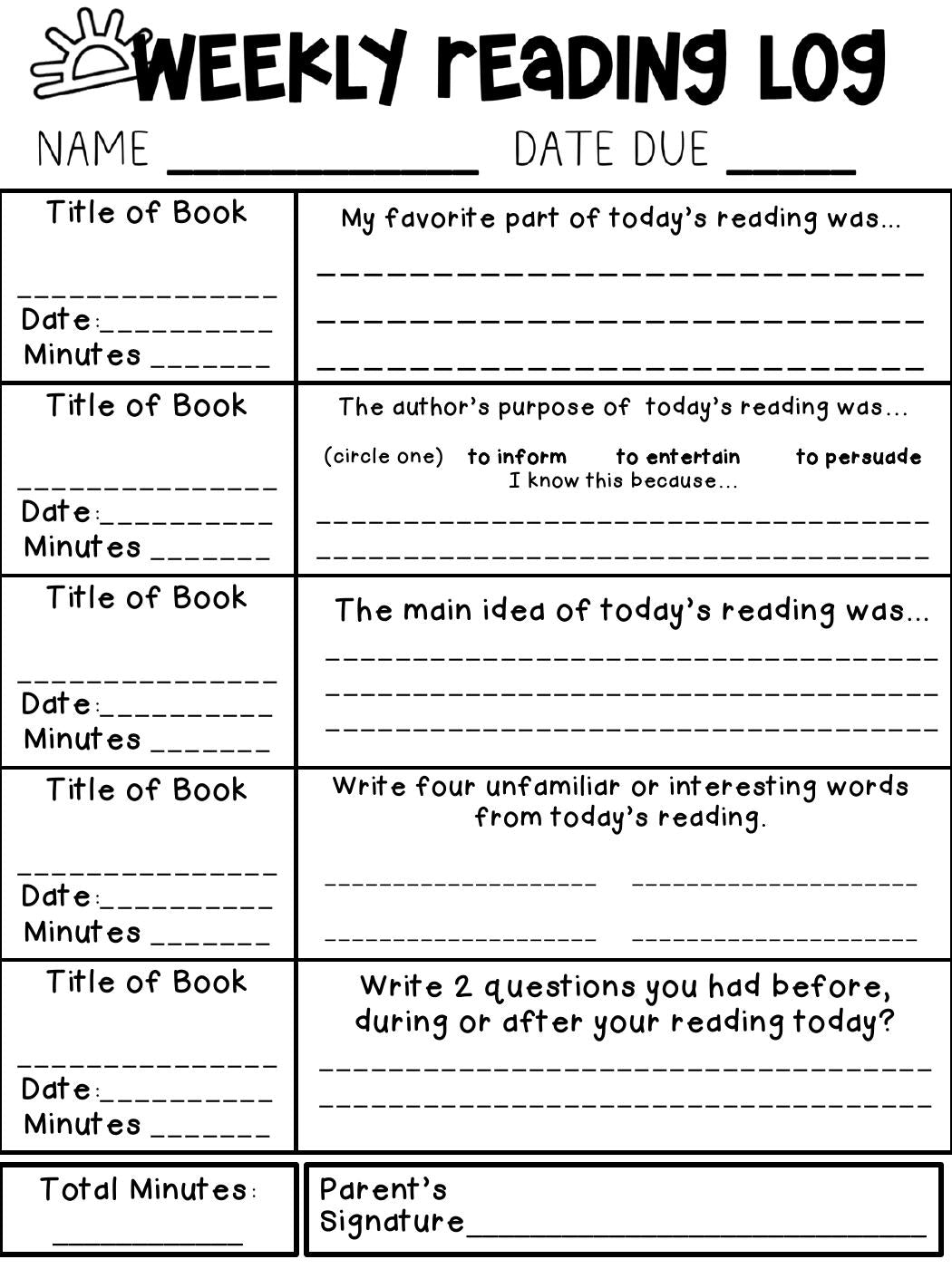 Fiction weekly reading response page preview