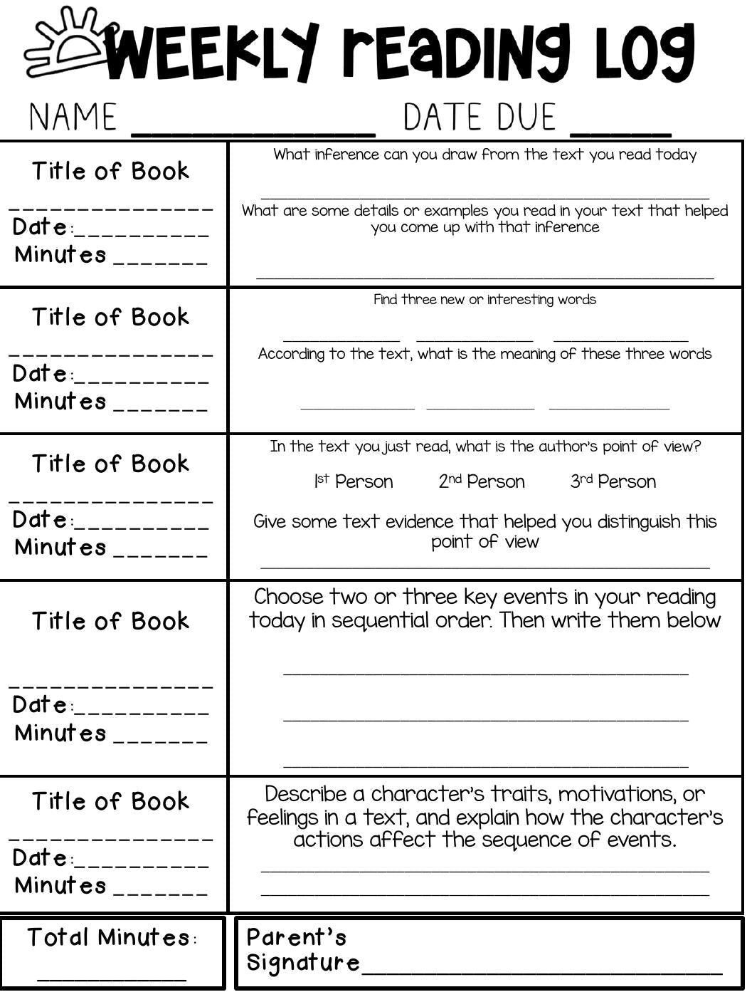 Editable fiction reading log and rubric preview