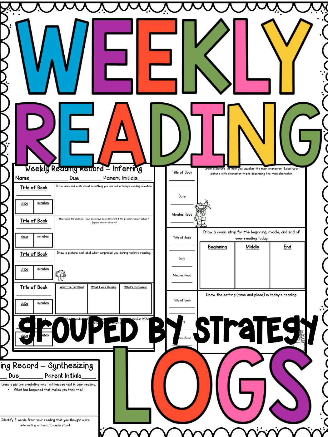 Weekly reading logs grouped by comprehension strategy cover