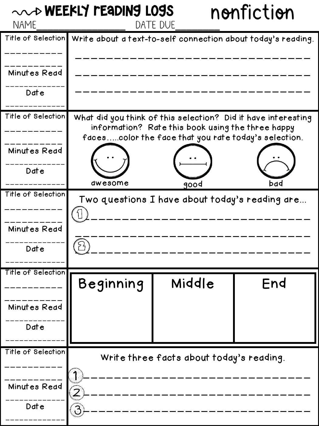 Nonfiction informational text reading log preview
