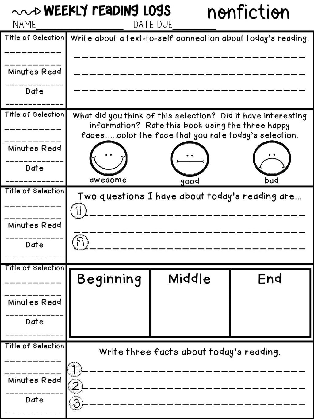 Editable nonfiction reading response page preview