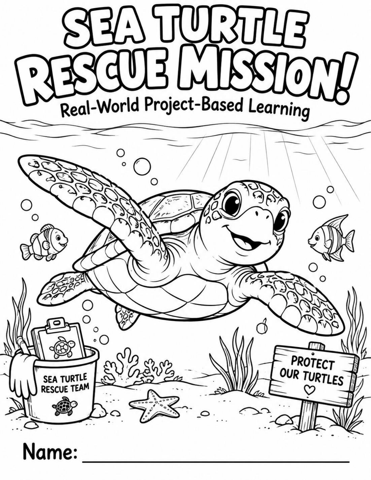 Sea Turtle Rescue Mission printable student project cover