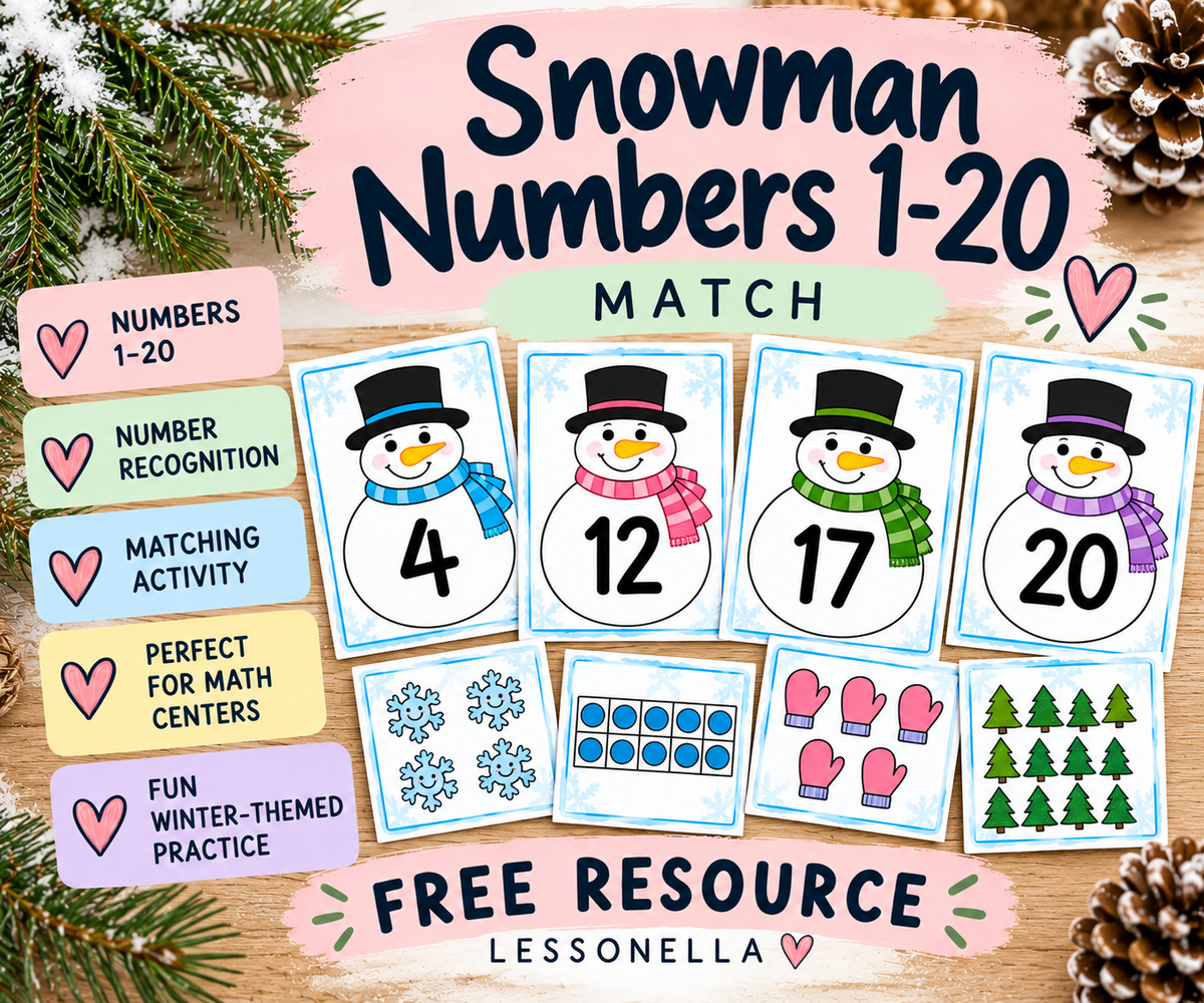 Snowman Numbers 1 to 20 free winter math center